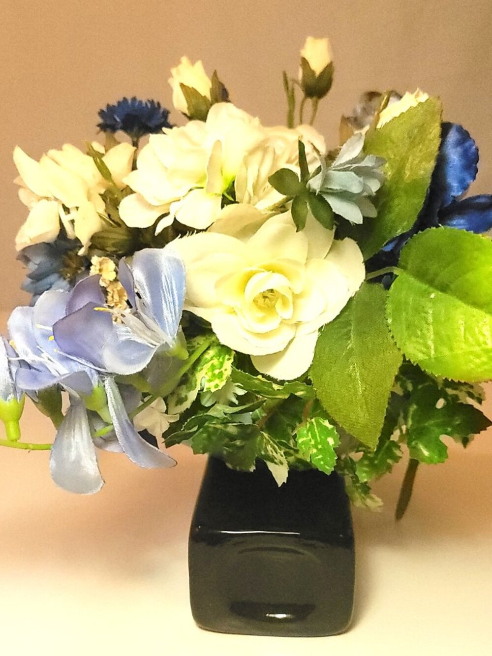 Vintage Blue & White Faux Floral Arrangement in Light Blue Bowl Centerpiece
